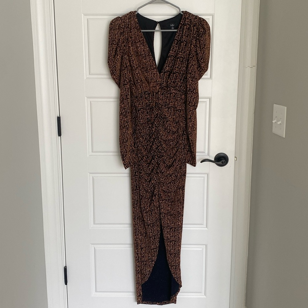 BLACK/BROWN LONG SLEEVE RUCHED FORMAL DRESS - LULUS XS